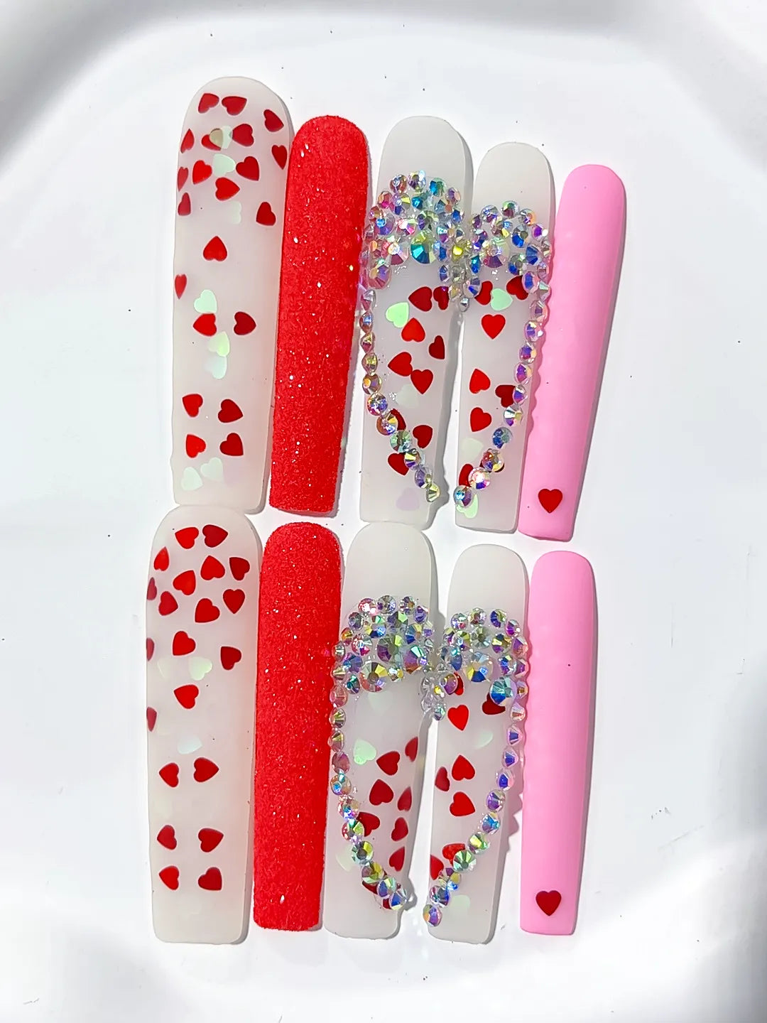 L041 - Long White Red Square Abstract Heart Rhinestone