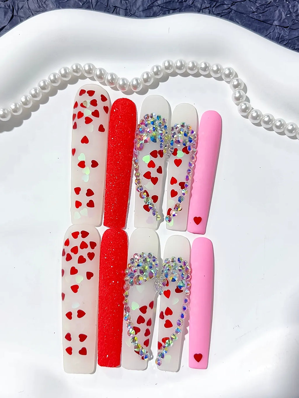 L041 - Long White Red Square Abstract Heart Rhinestone