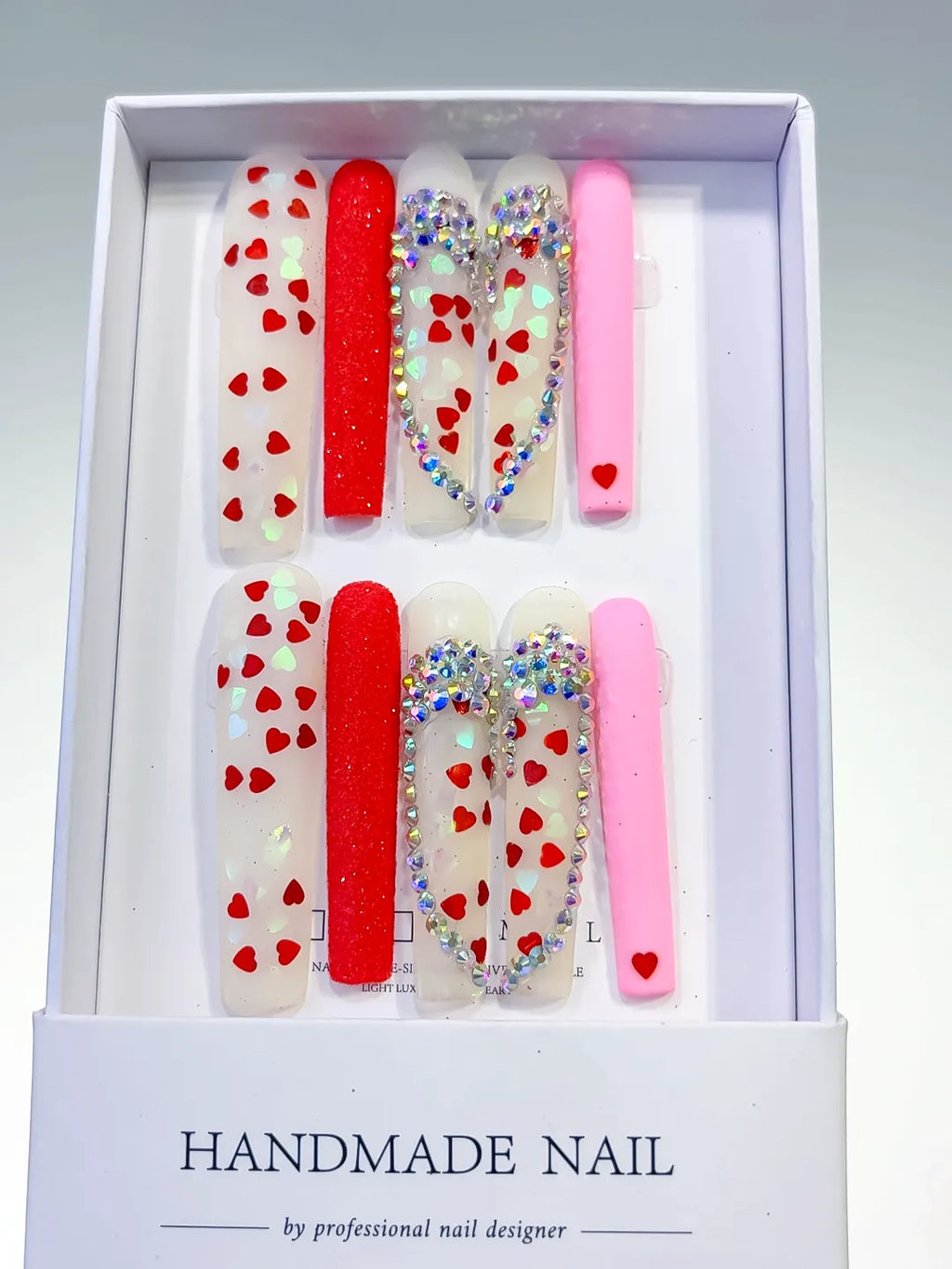 L041 - Long White Red Square Abstract Heart Rhinestone