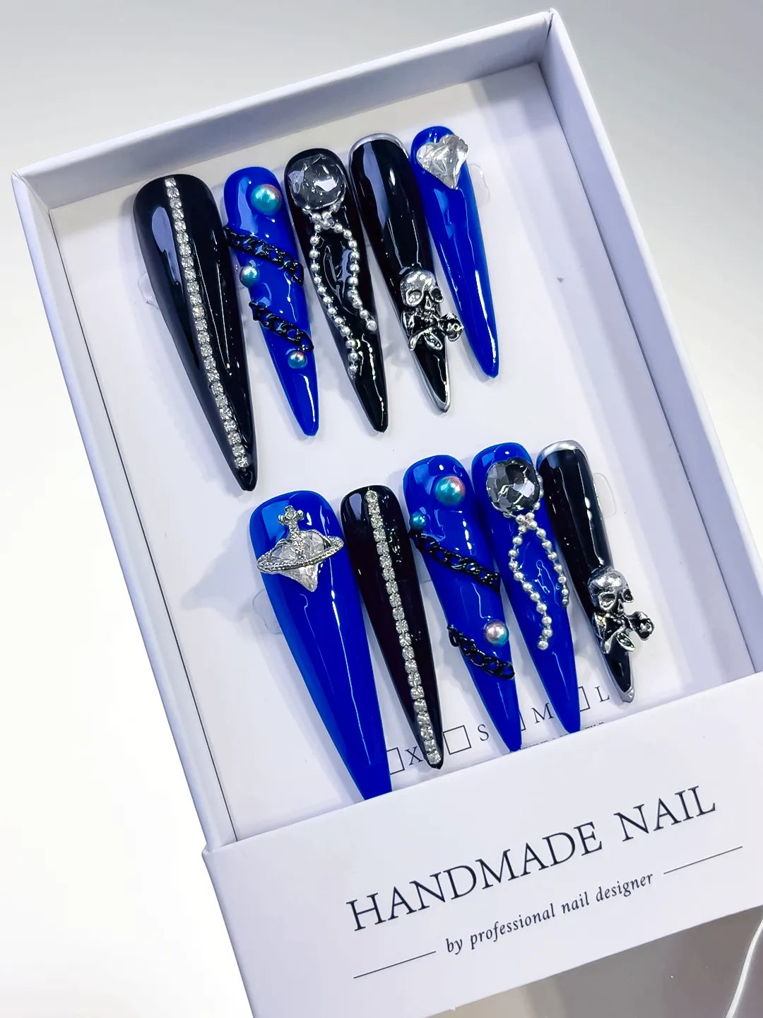 L042 - Long Blue Black Stiletto Solid color Planet Pearl