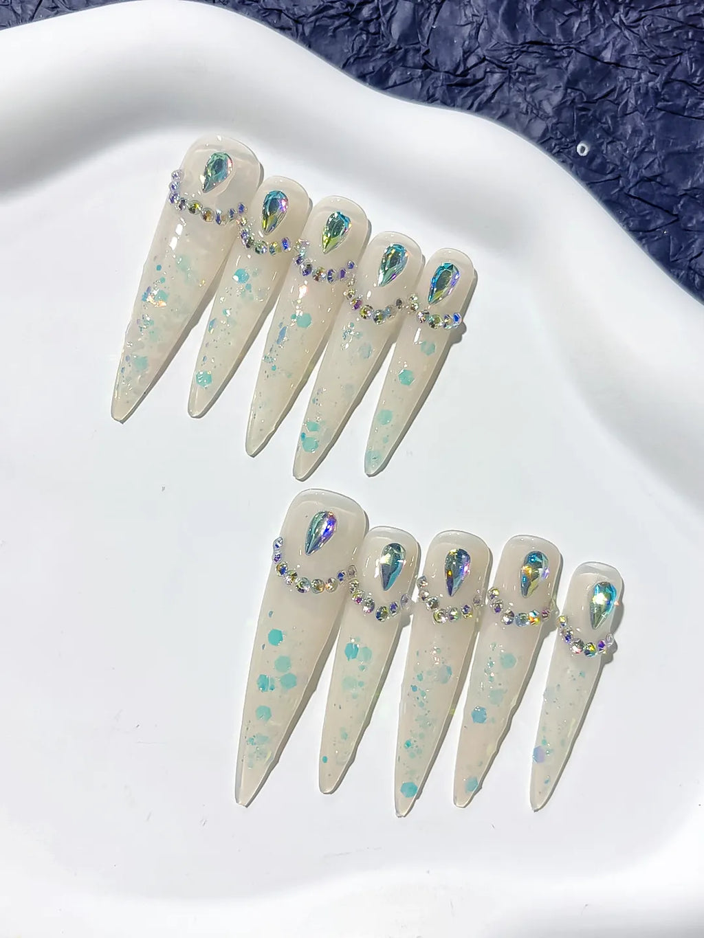 L043 - Long White Multicolor Stiletto Holographic Rhinestone