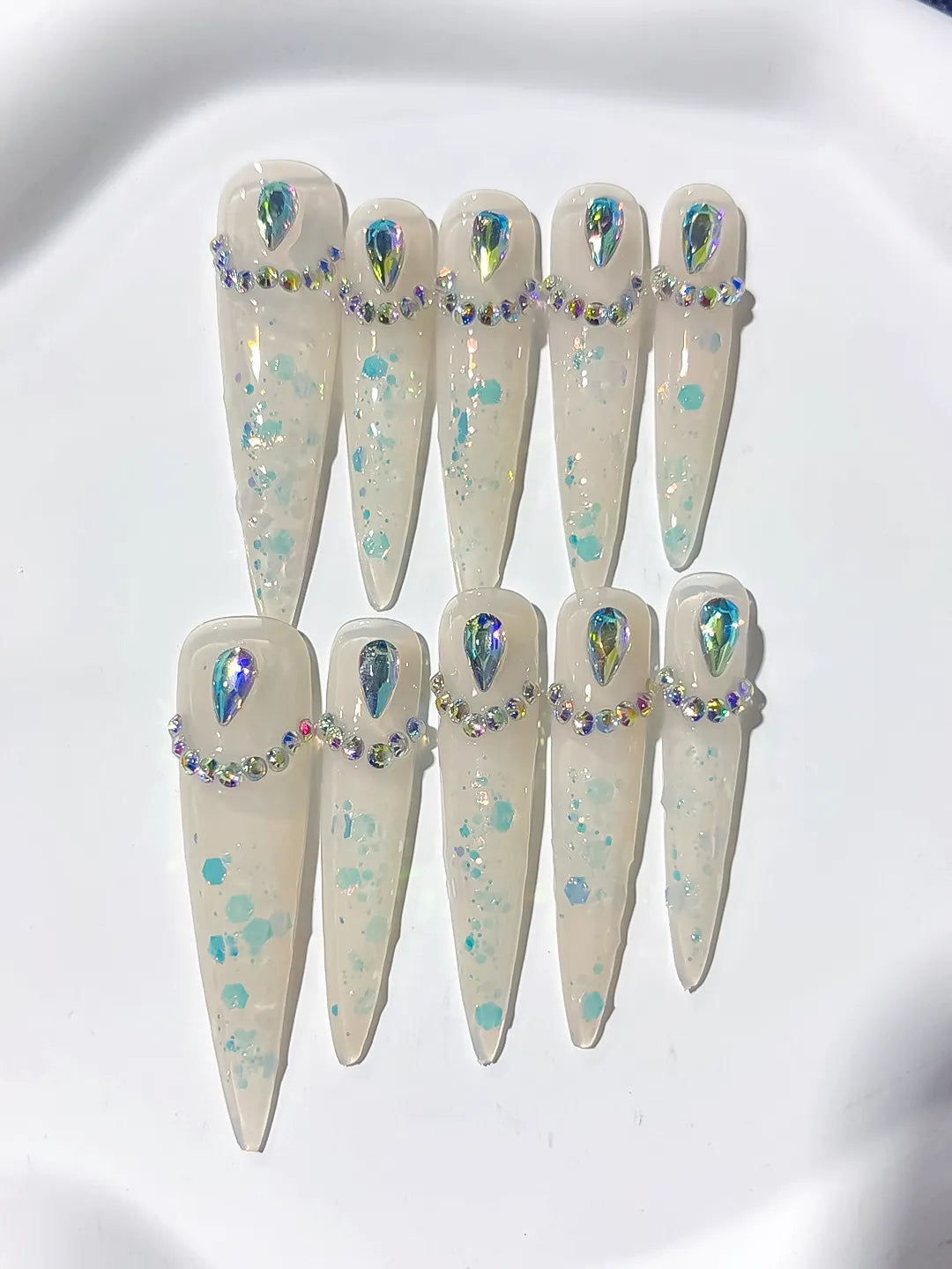 L043 - Long White Multicolor Stiletto Holographic Rhinestone