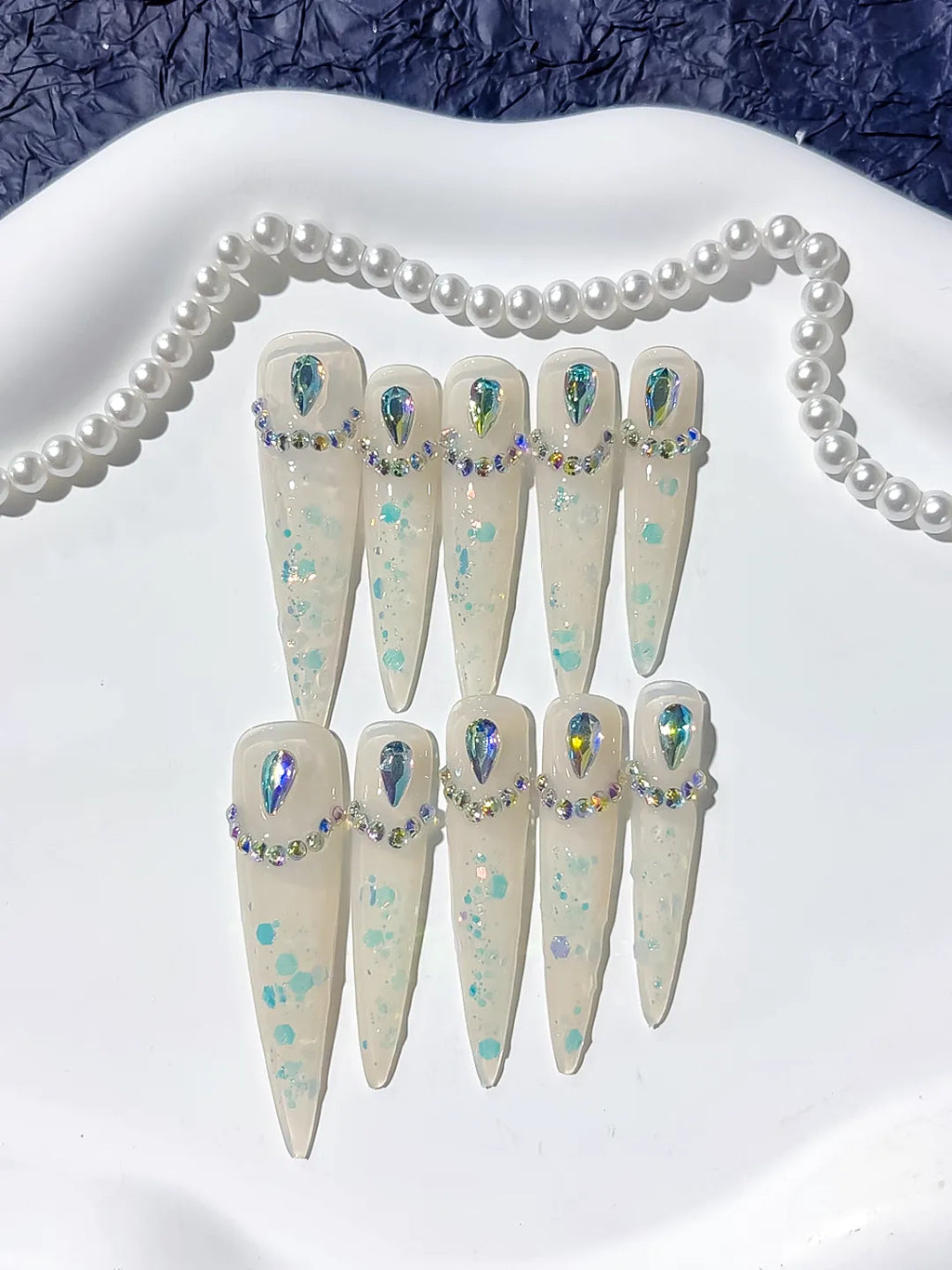 L043 - Long White Multicolor Stiletto Holographic Rhinestone