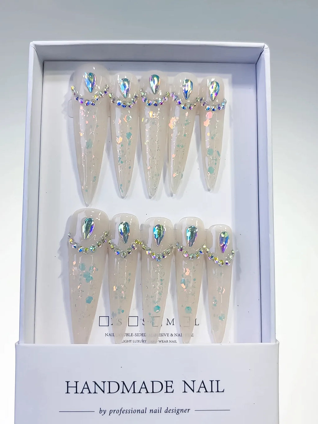 L043 - Long White Multicolor Stiletto Holographic Rhinestone