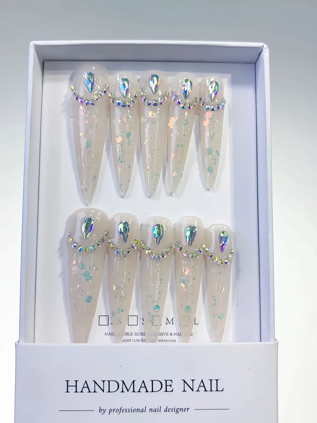 L043 - Long White Multicolor Stiletto Holographic Rhinestone