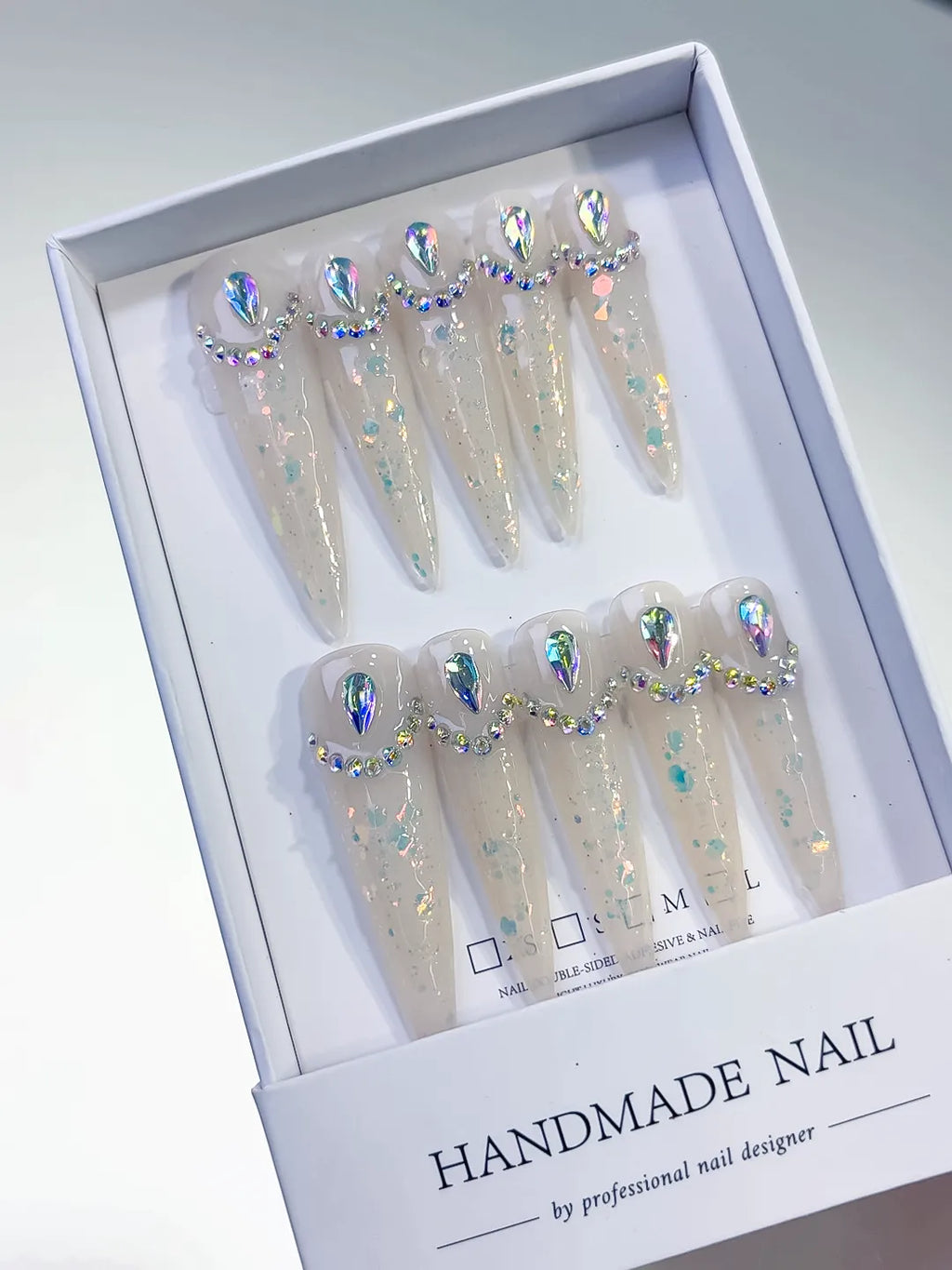 L043 - Long White Multicolor Stiletto Holographic Rhinestone