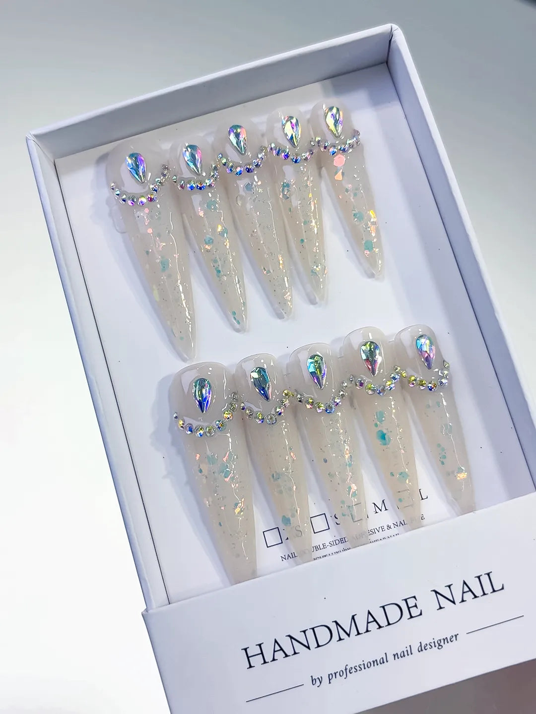 L043 - Long White Multicolor Stiletto Holographic Rhinestone