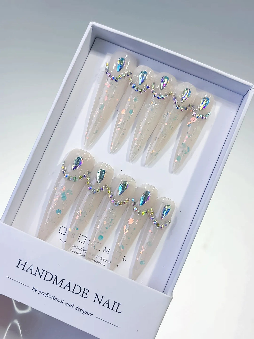 L043 - Long White Multicolor Stiletto Holographic Rhinestone