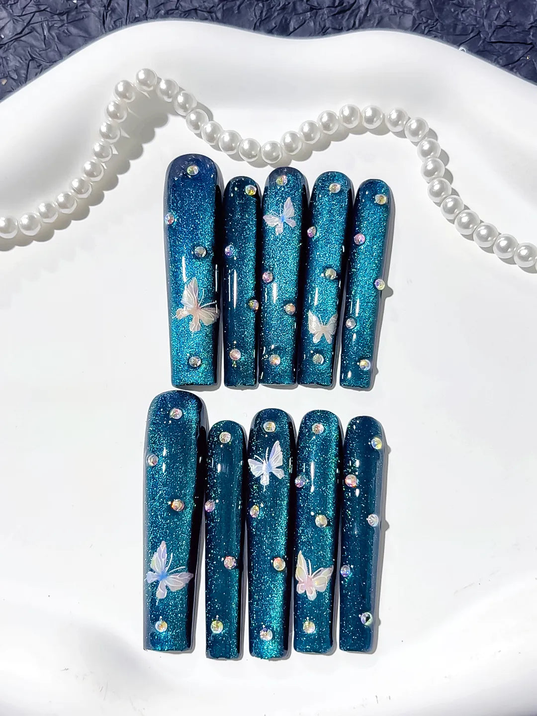 L048 - Long Blue Silver Square Metallic Butterfly Rhinestone