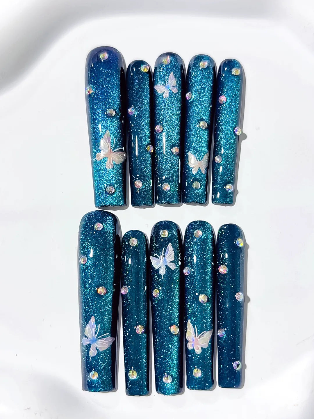 L048 - Long Blue Silver Square Metallic Butterfly Rhinestone