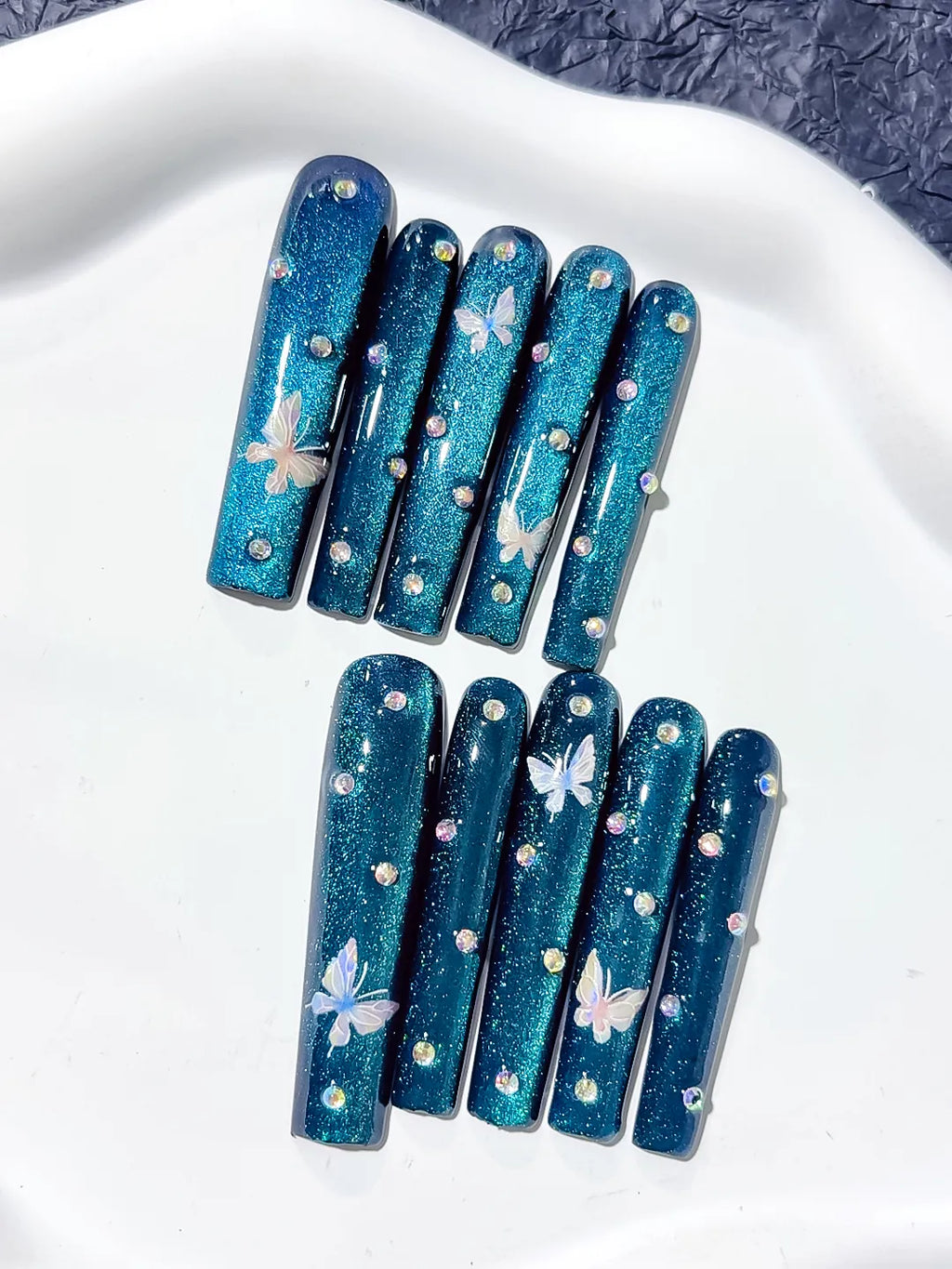 L048 - Long Blue Silver Square Metallic Butterfly Rhinestone