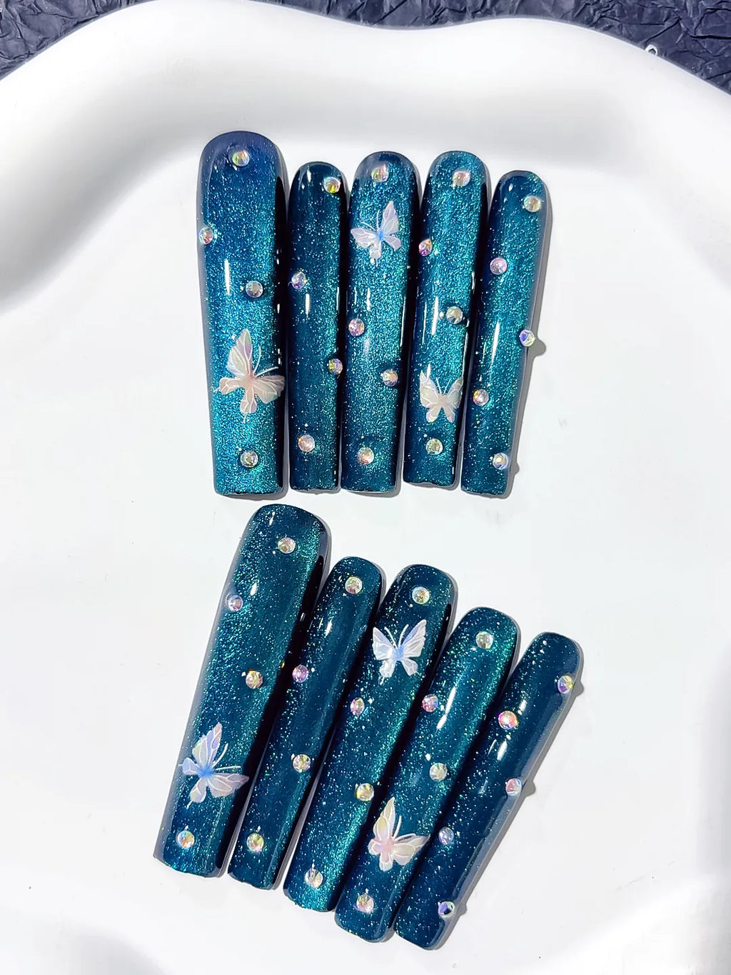 L048 - Long Blue Silver Square Metallic Butterfly Rhinestone