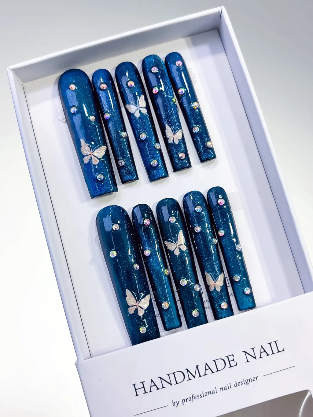 L048 - Long Blue Silver Square Metallic Butterfly Rhinestone