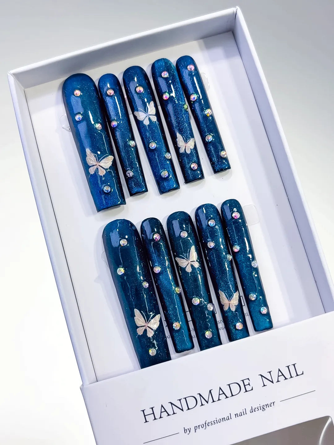 L048 - Long Blue Silver Square Metallic Butterfly Rhinestone
