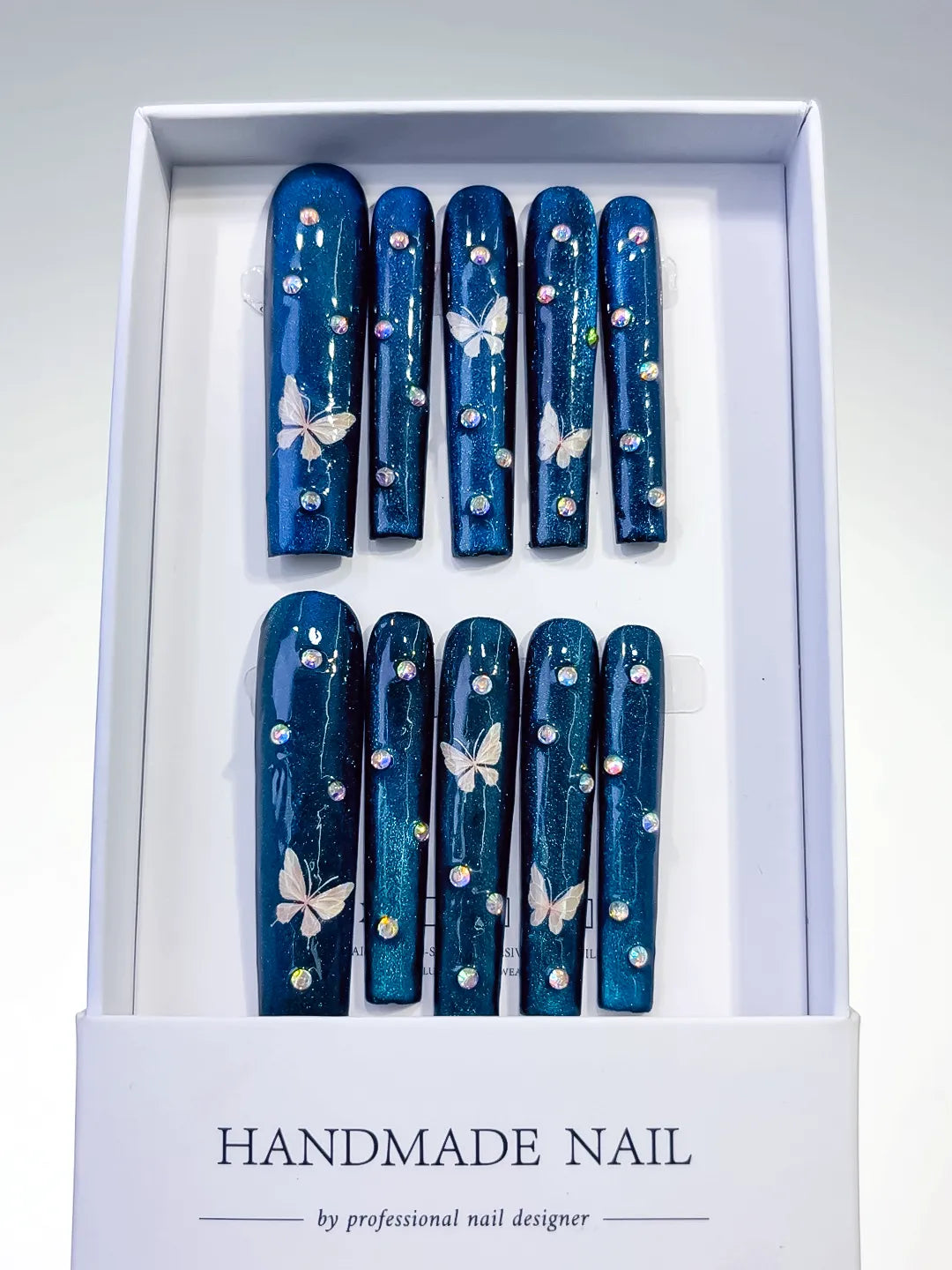 L048 - Long Blue Silver Square Metallic Butterfly Rhinestone