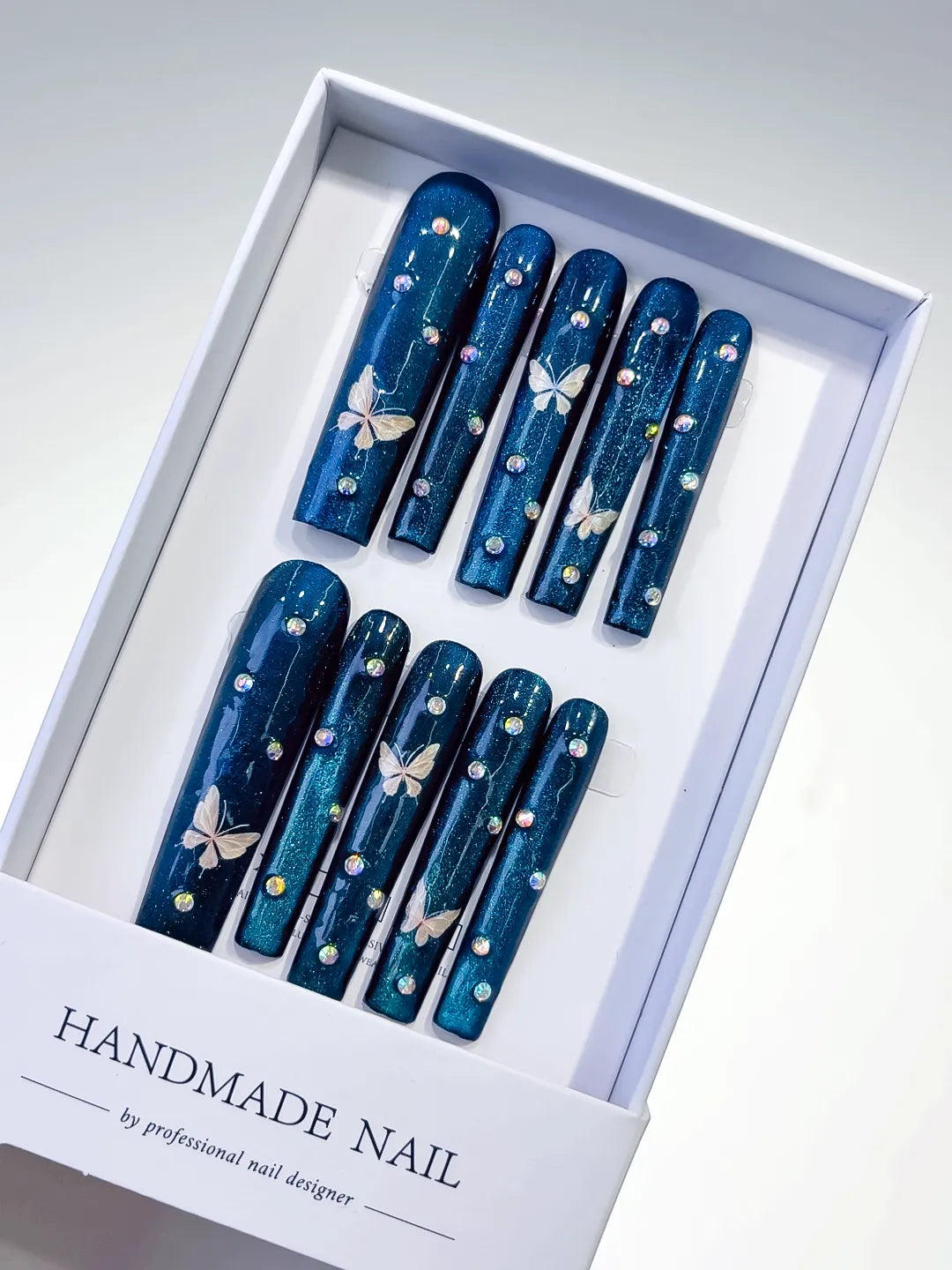 L048 - Long Blue Silver Square Metallic Butterfly Rhinestone