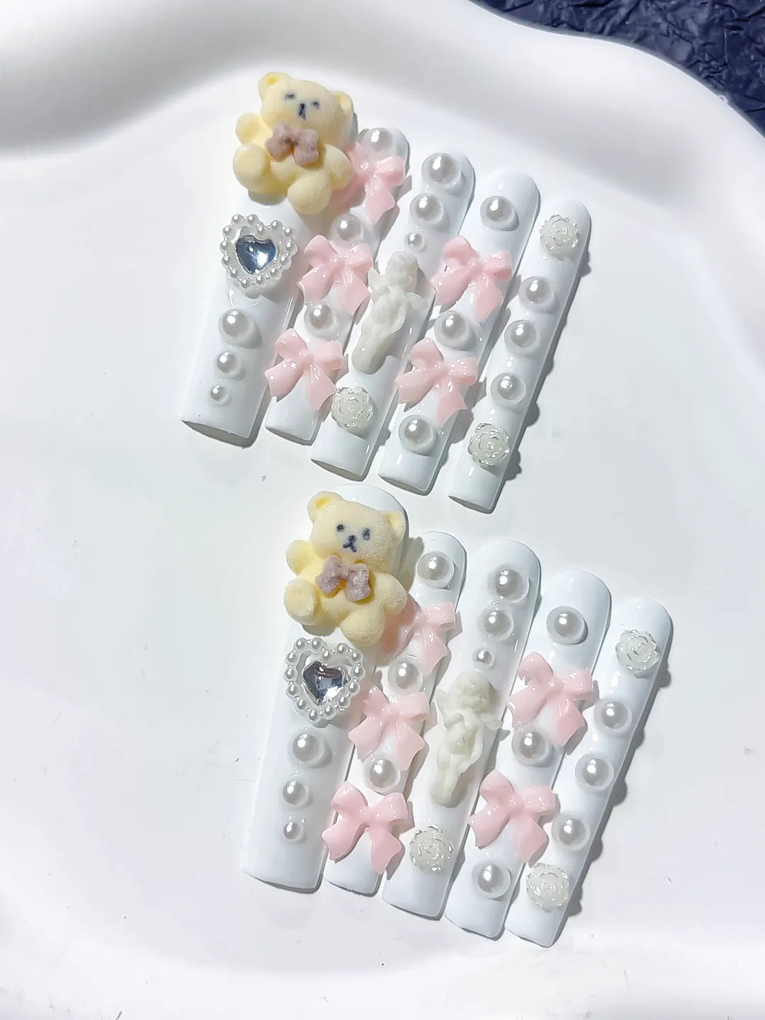 L049 - Long White Pink Square Solid color Bear Bow