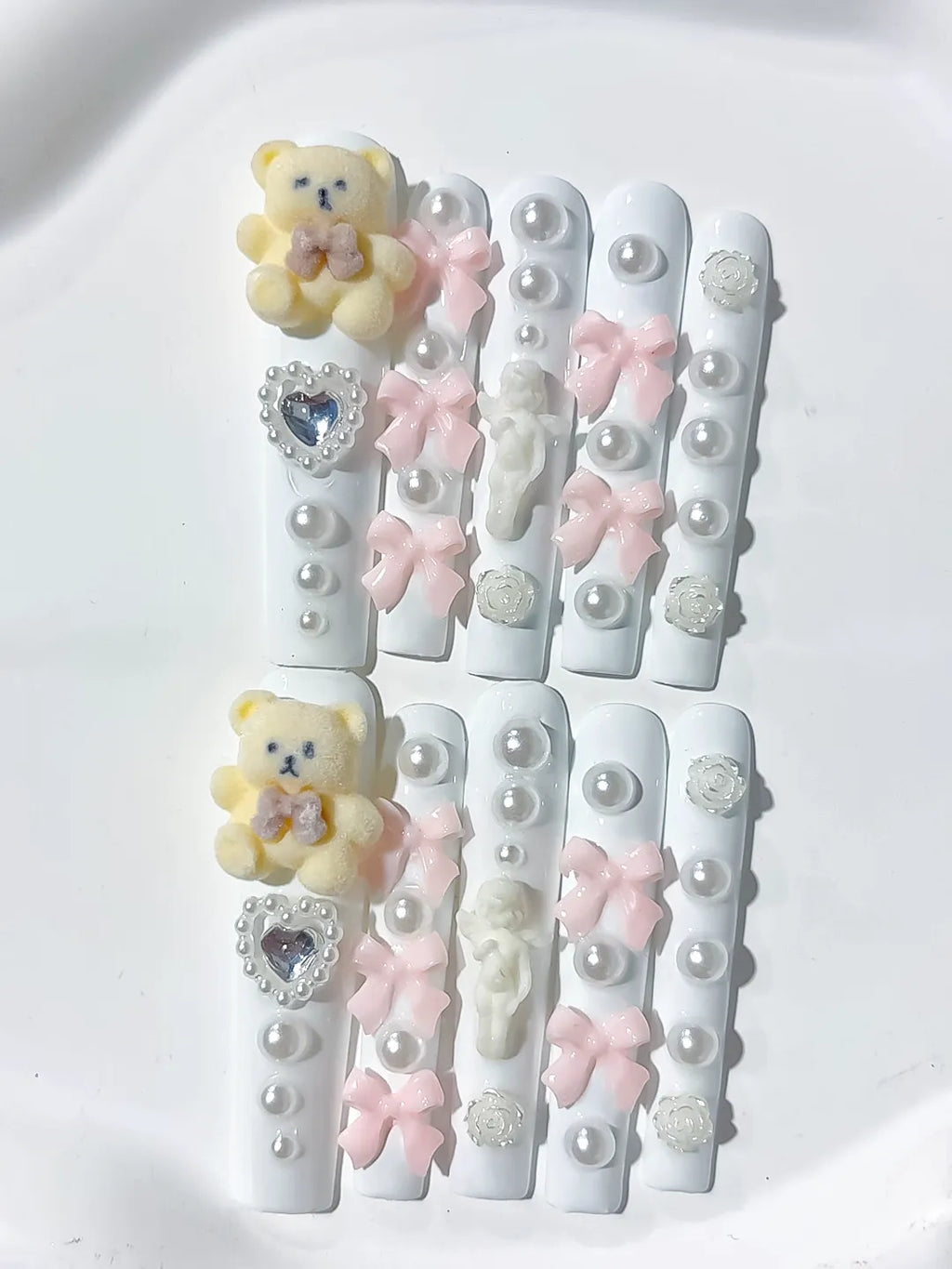 L049 - Long White Pink Square Solid color Bear Bow