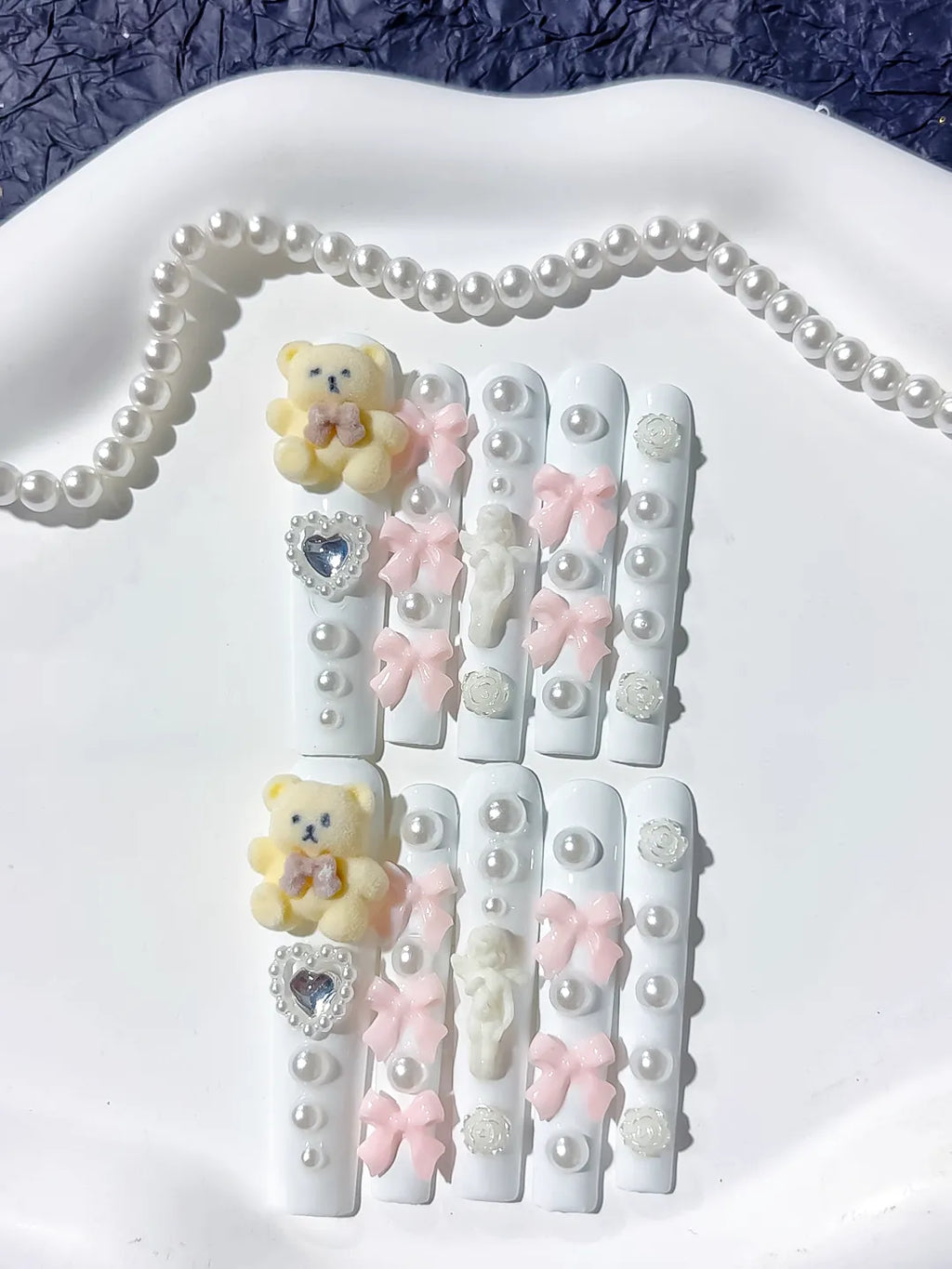L049 - Long White Pink Square Solid color Bear Bow