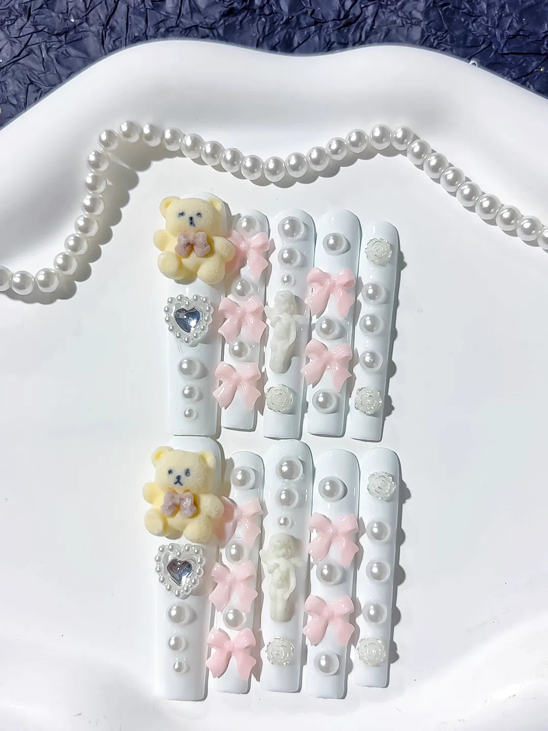 L049 - Long White Pink Square Solid color Bear Bow