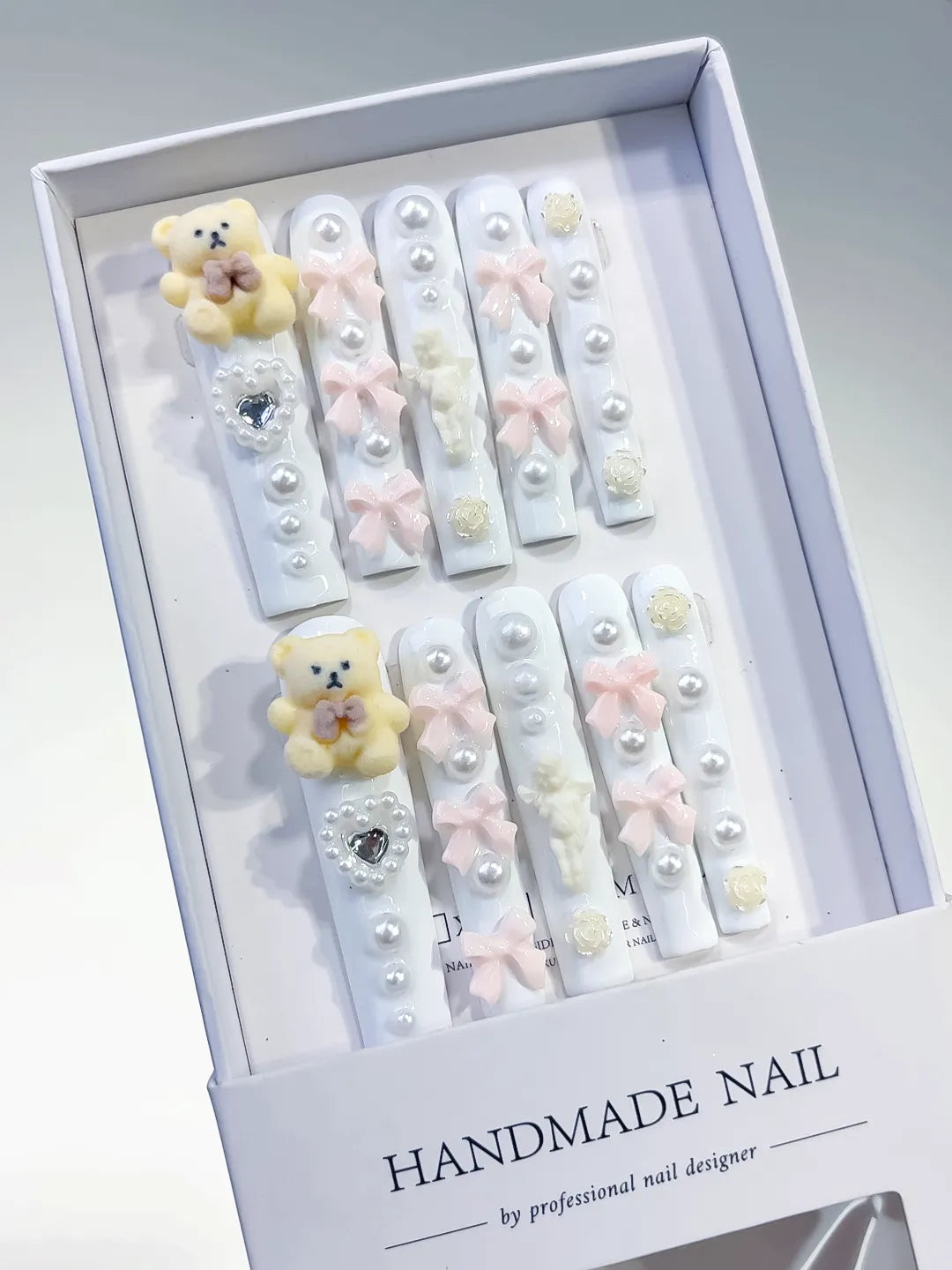 L049 - Long White Pink Square Solid color Bear Bow