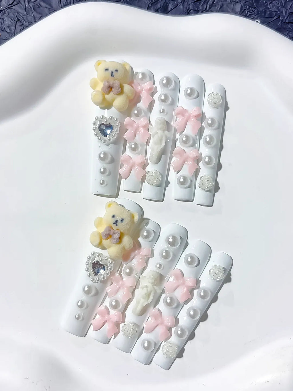L049 - Long White Pink Square Solid color Bear Bow