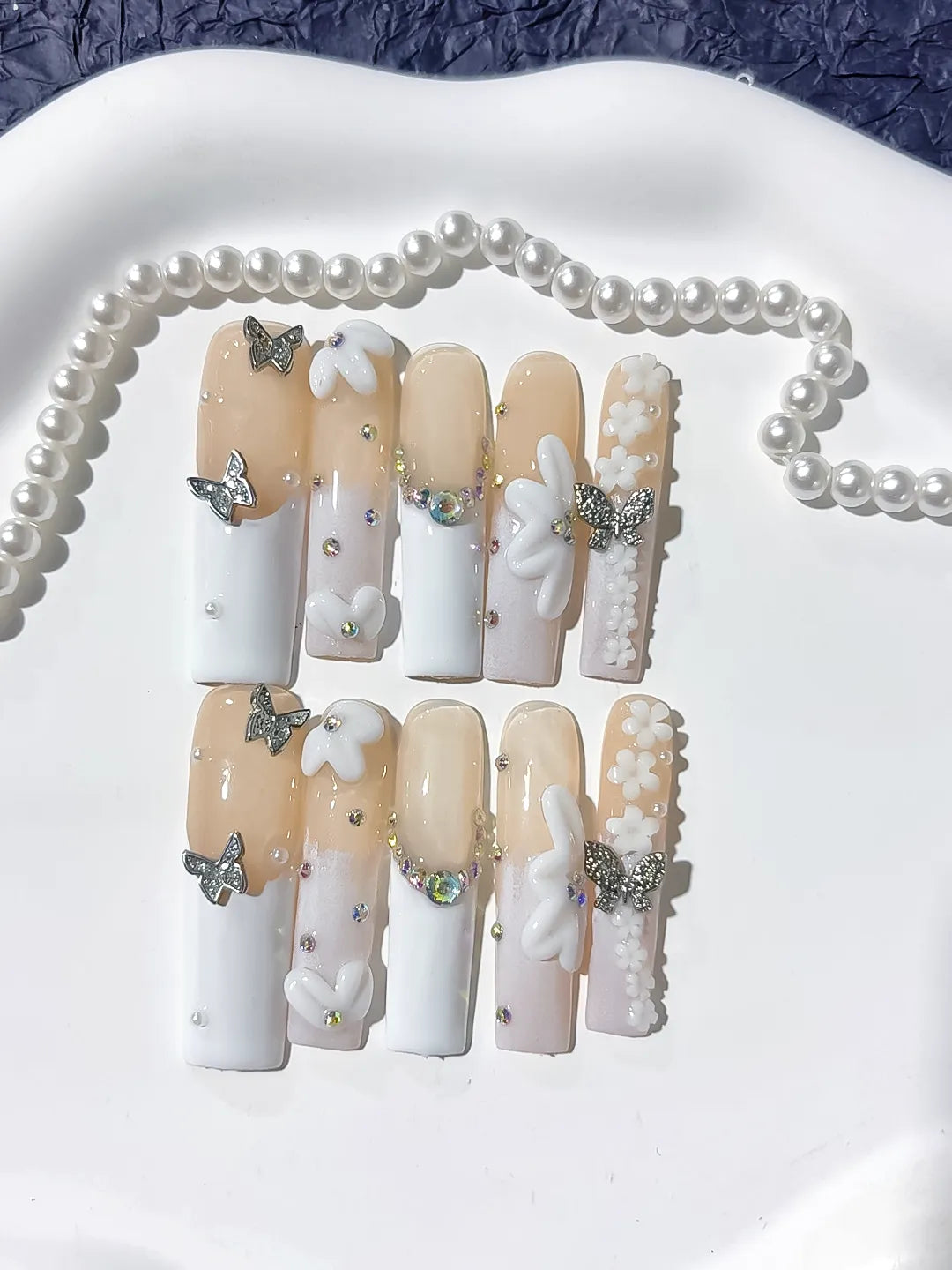 L051 - Long Nude White Square French tip Bow Pearl