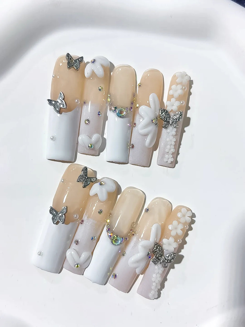 L051 - Long Nude White Square French tip Bow Pearl