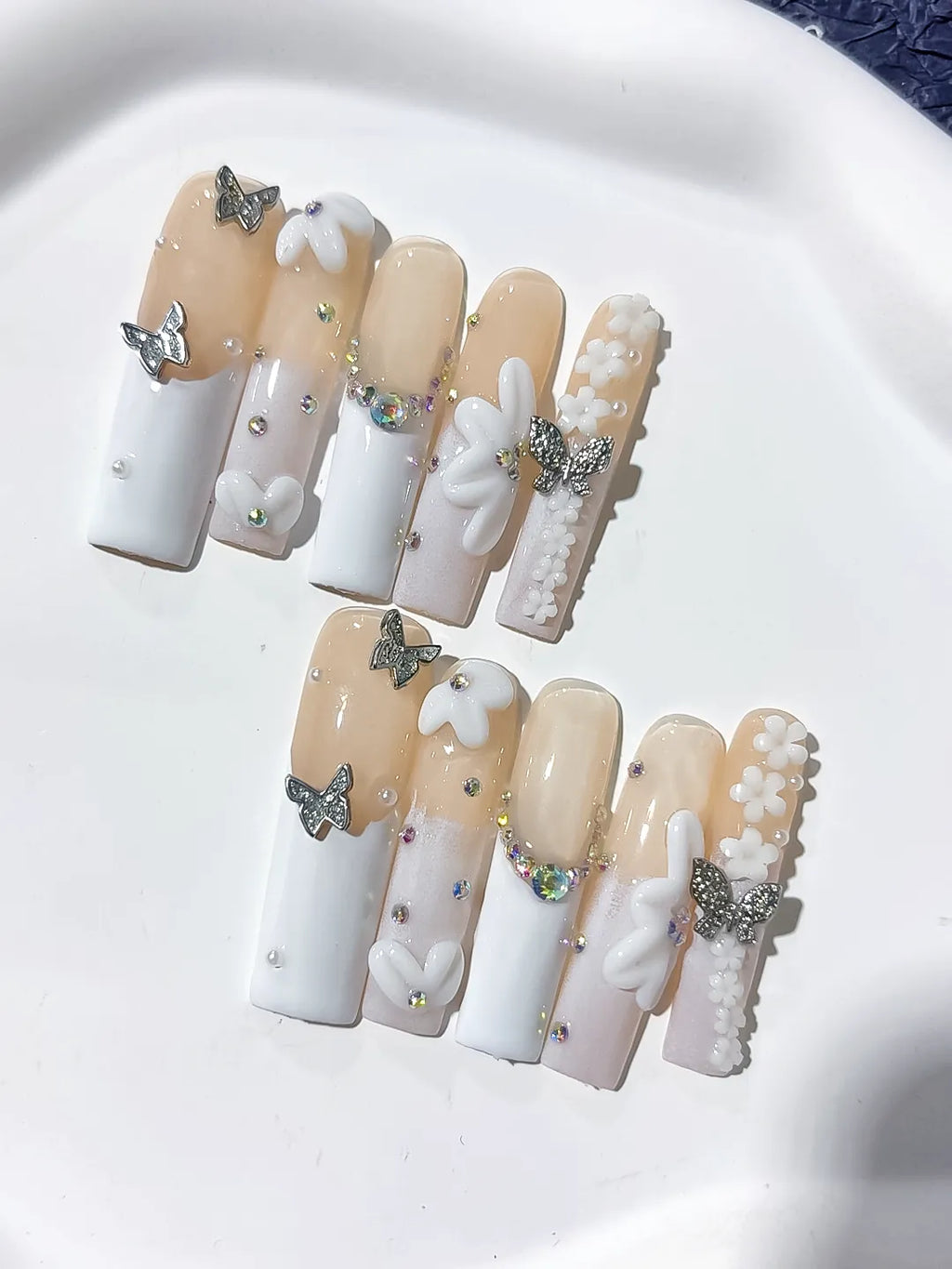 L051 - Long Nude White Square French tip Bow Pearl