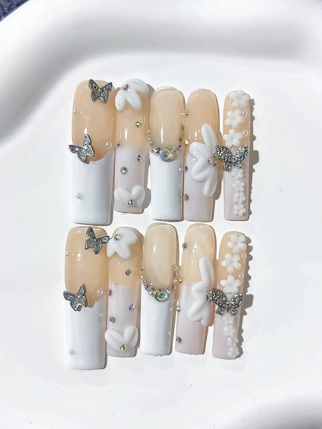 L051 - Long Nude White Square French tip Bow Pearl