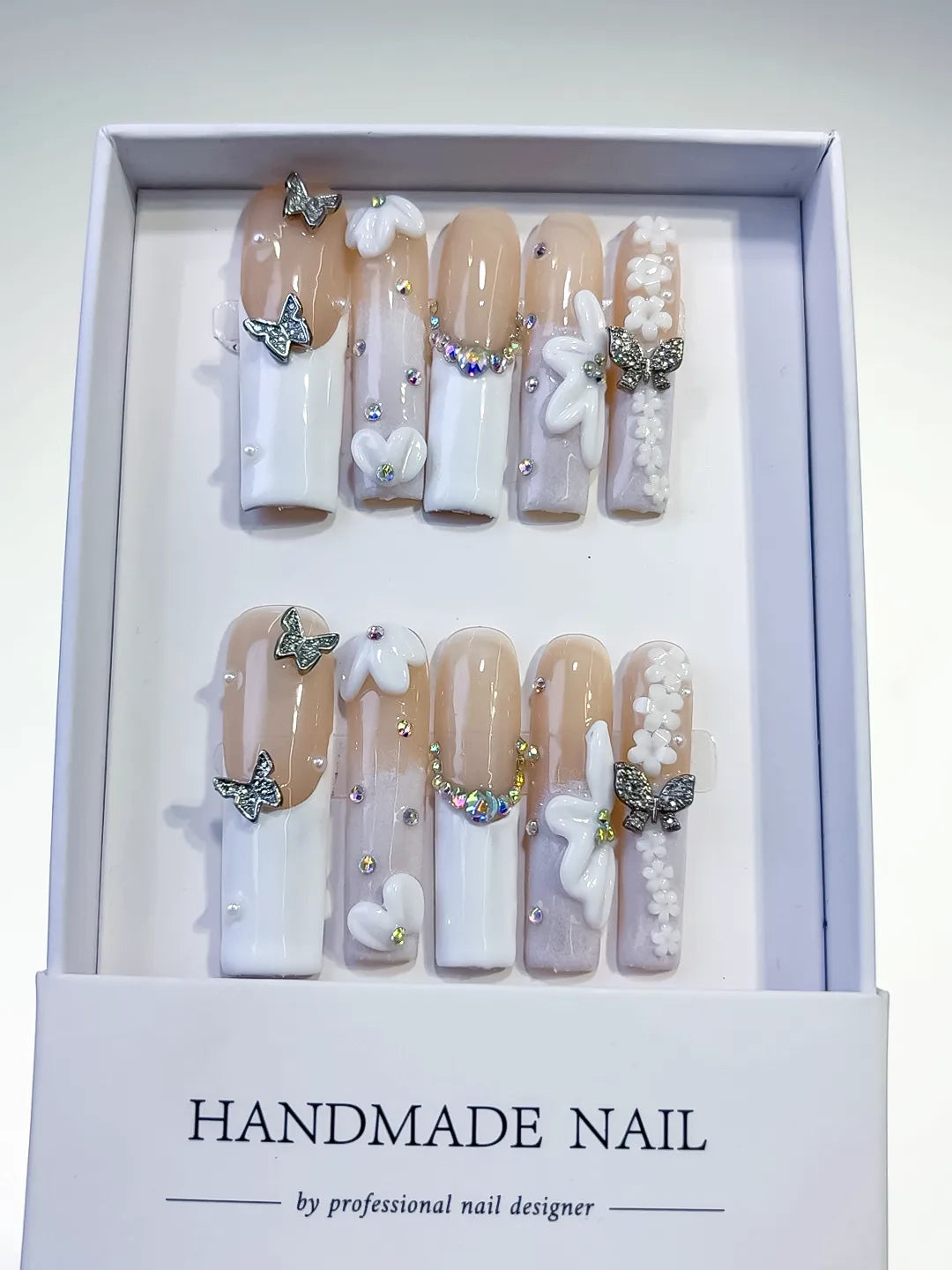 L051 - Long Nude White Square French tip Bow Pearl