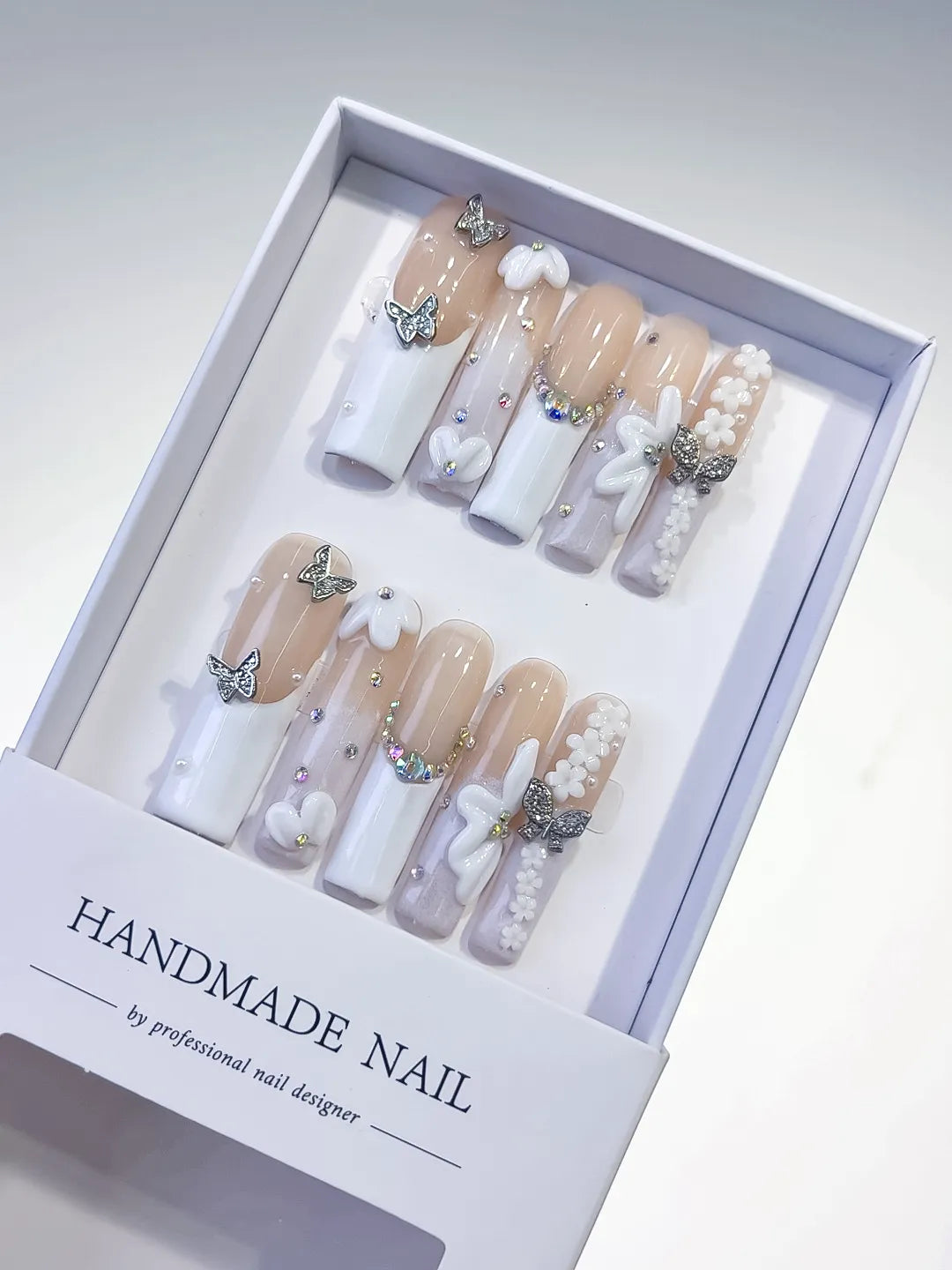 L051 - Long Nude White Square French tip Bow Pearl
