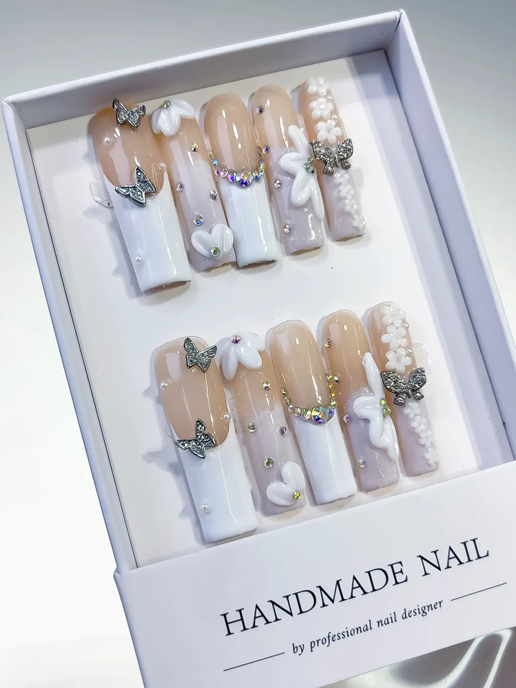 L051 - Long Nude White Square French tip Bow Pearl