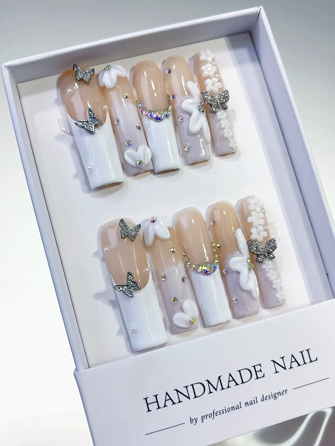 L051 - Long Nude White Square French tip Bow Pearl