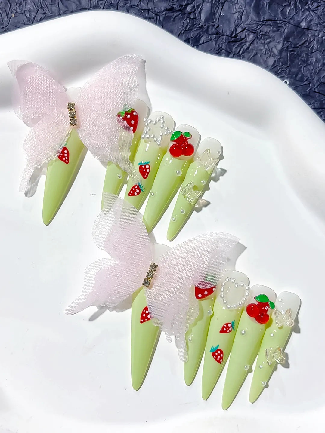 L052 - Long Green Red Stiletto Solid color Bow Strawberry
