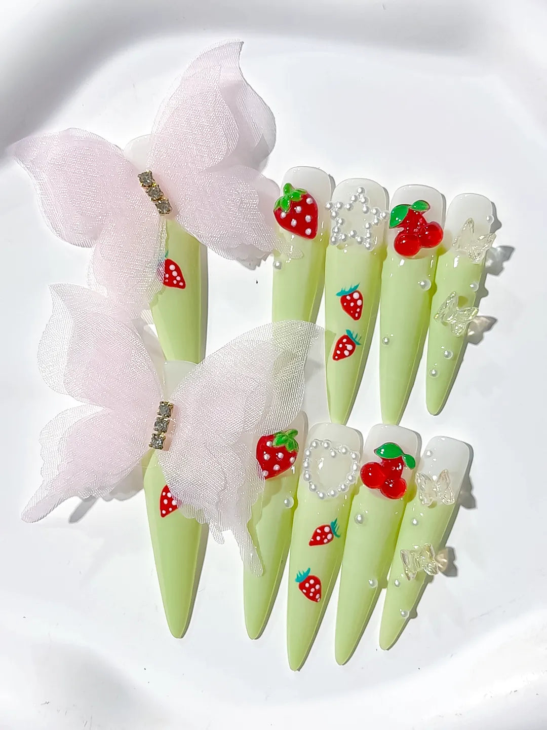 L052 - Long Green Red Stiletto Solid color Bow Strawberry