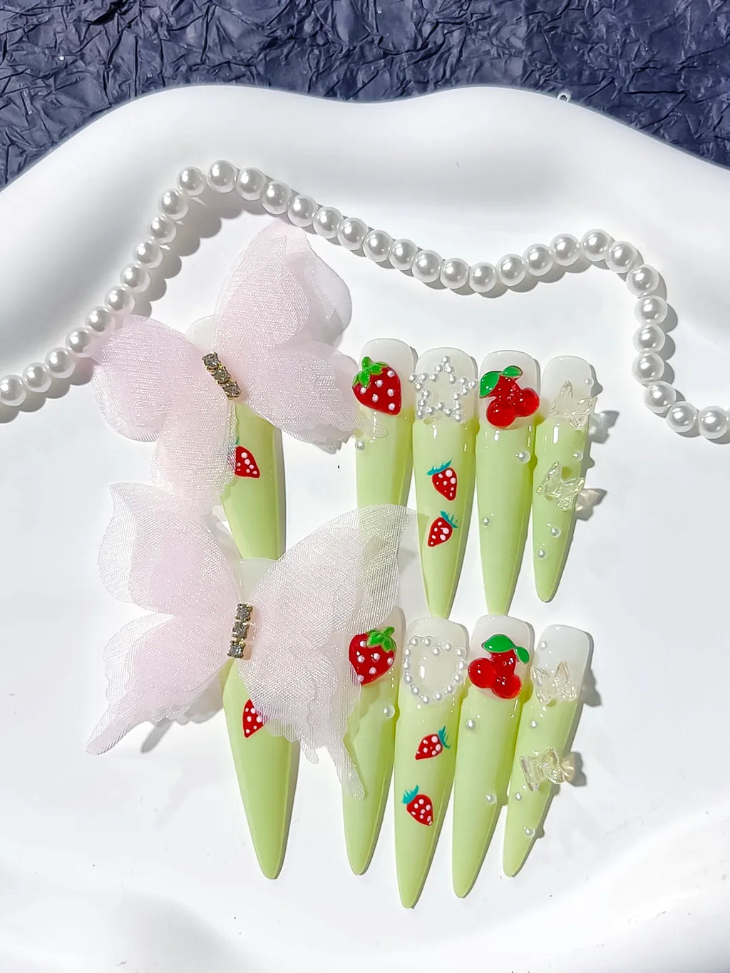 L052 - Long Green Red Stiletto Solid color Bow Strawberry