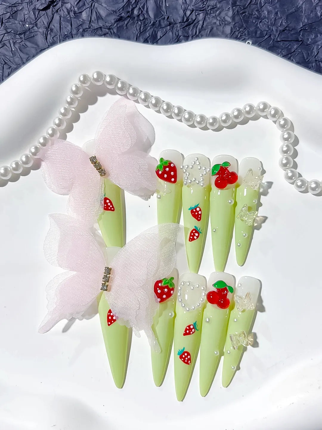 L052 - Long Green Red Stiletto Solid color Bow Strawberry