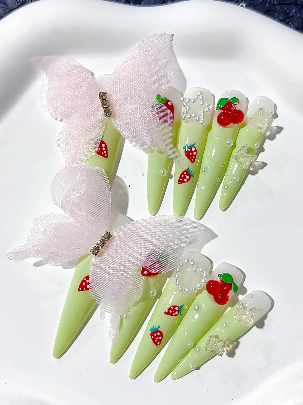 L052 - Long Green Red Stiletto Solid color Bow Strawberry
