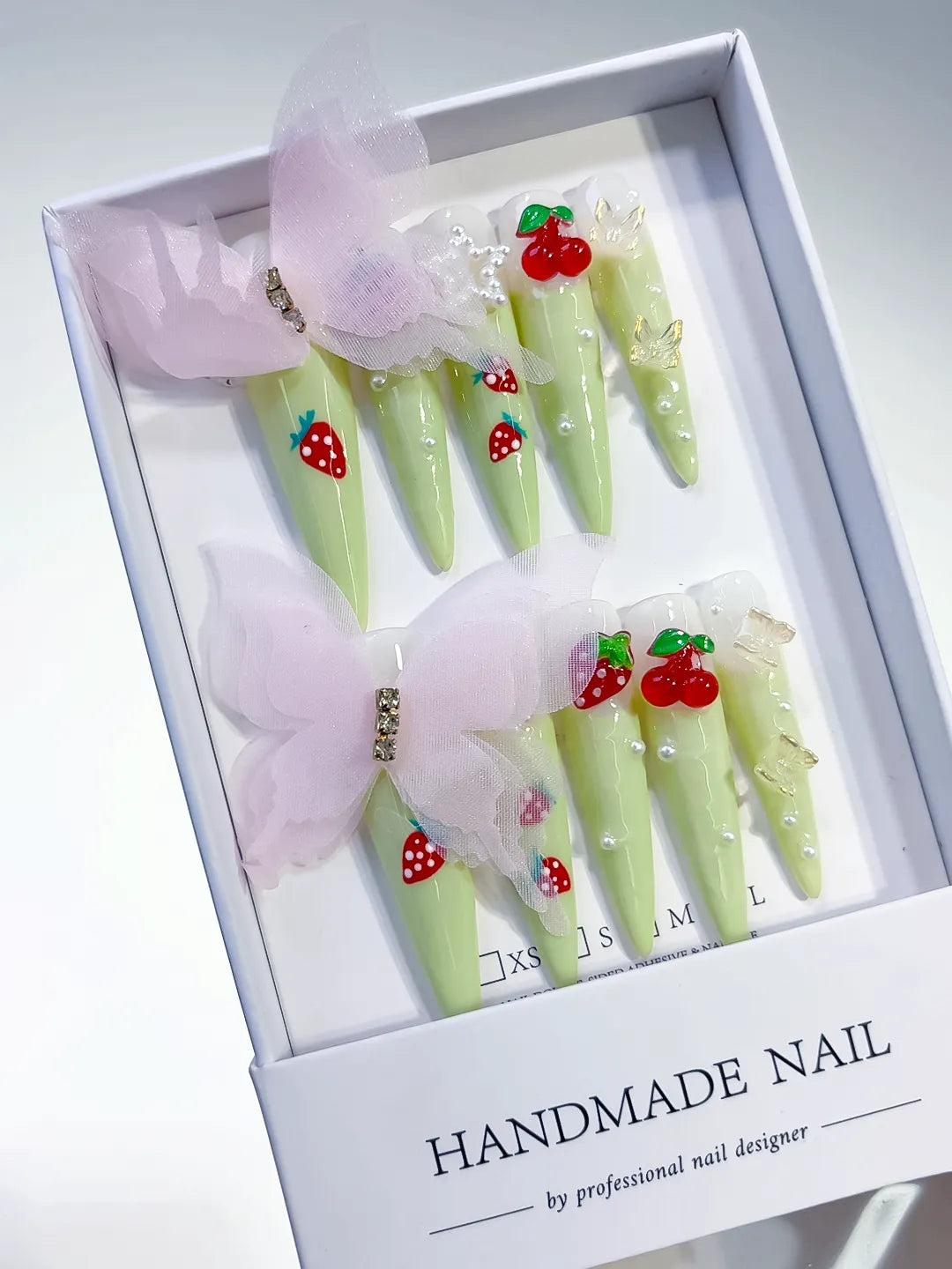 L052 - Long Green Red Stiletto Solid color Bow Strawberry