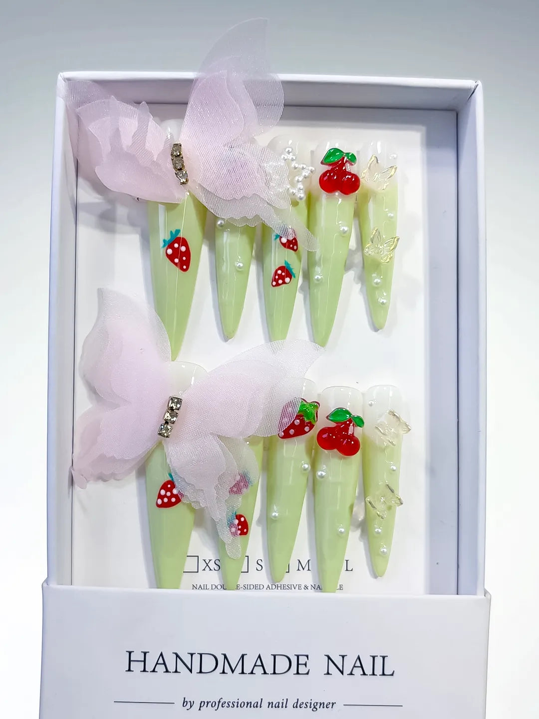 L052 - Long Green Red Stiletto Solid color Bow Strawberry
