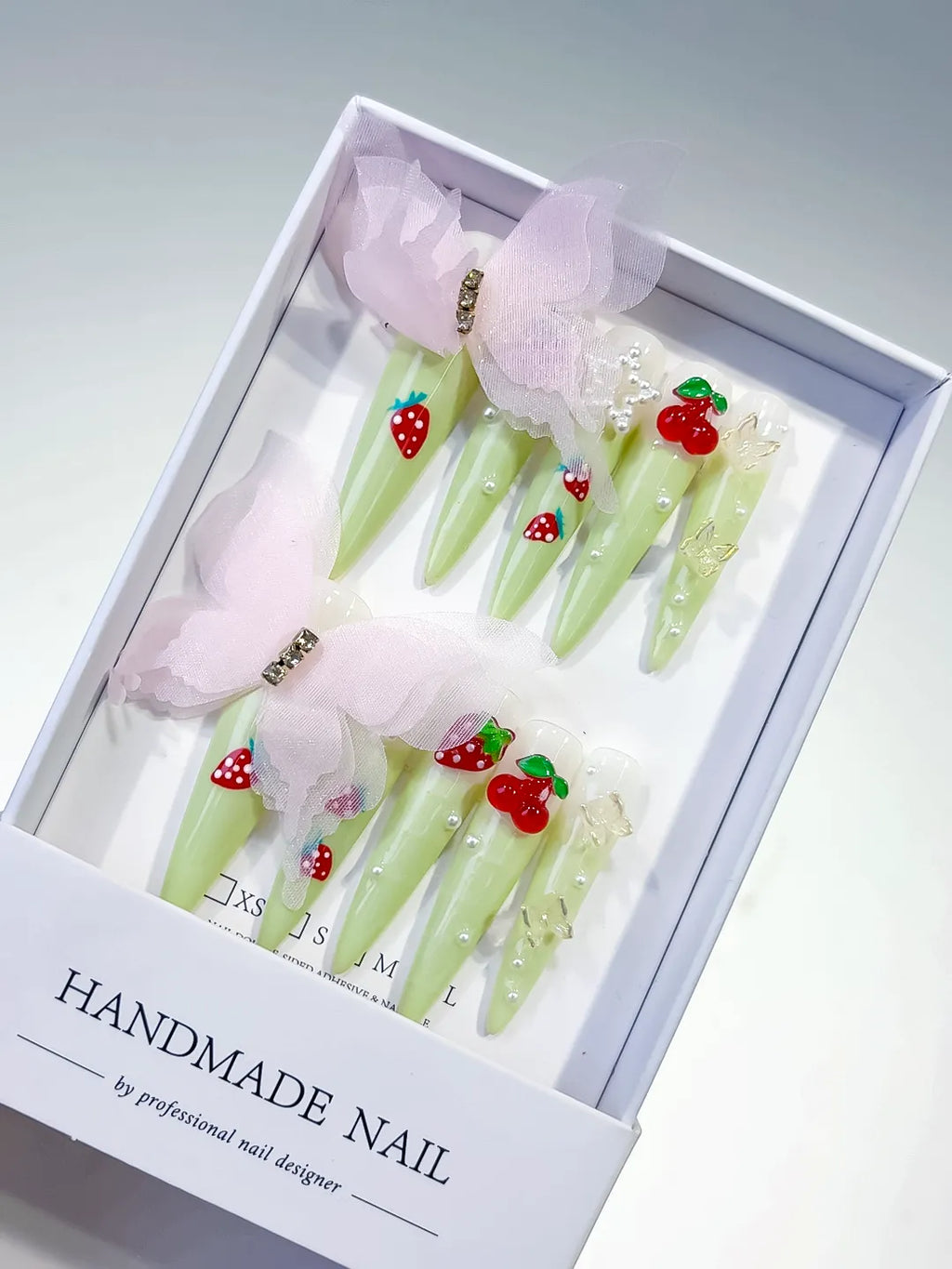 L052 - Long Green Red Stiletto Solid color Bow Strawberry