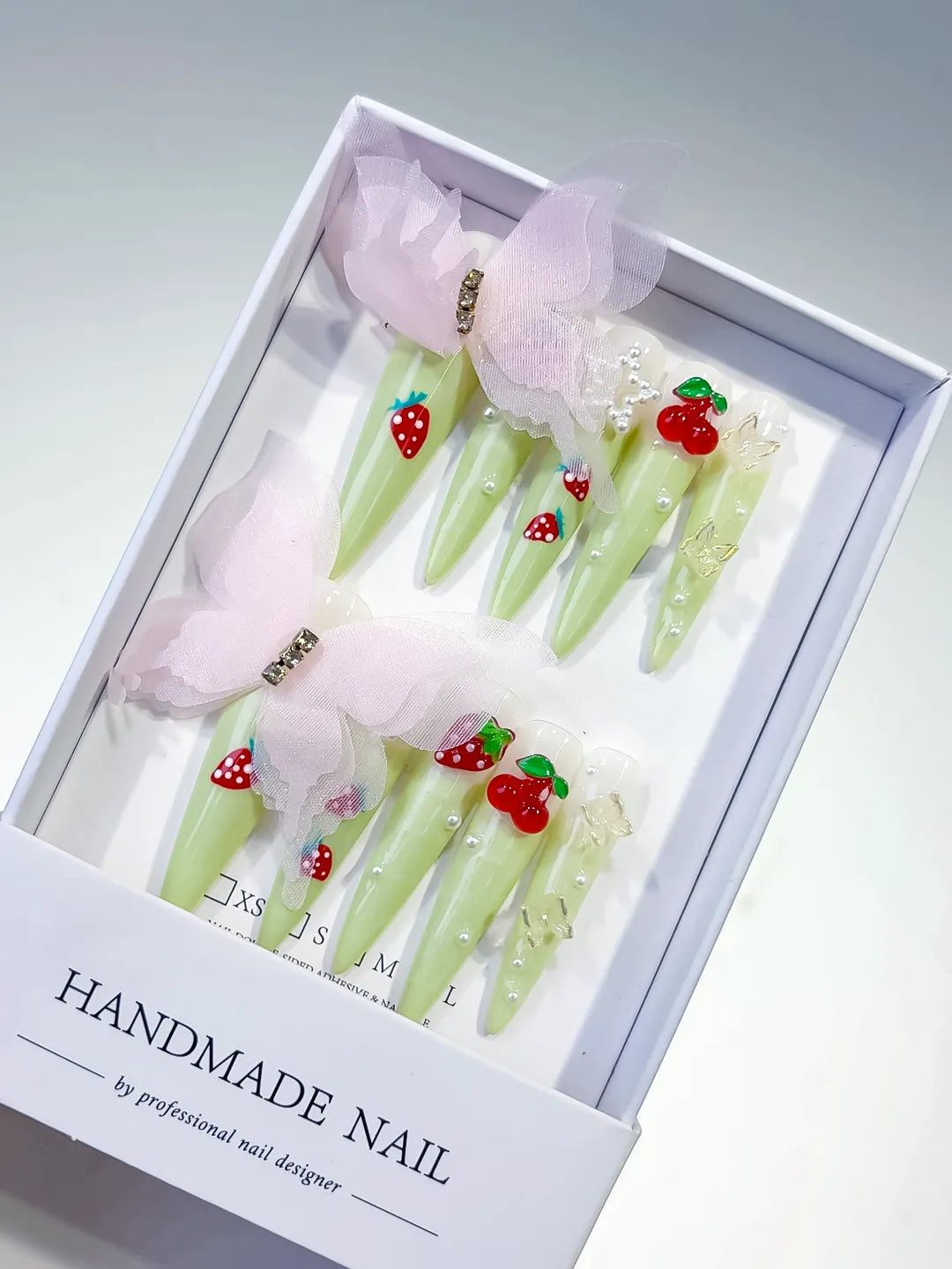 L052 - Long Green Red Stiletto Solid color Bow Strawberry