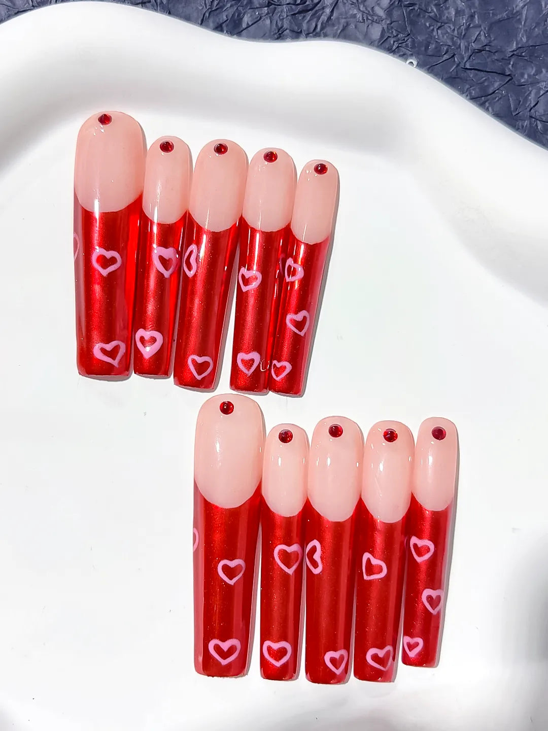 L053 - Long Nude Red Square Solid color Rhinestone