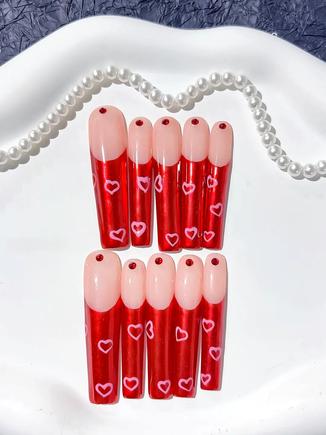 L053 - Long Nude Red Square Solid color Rhinestone