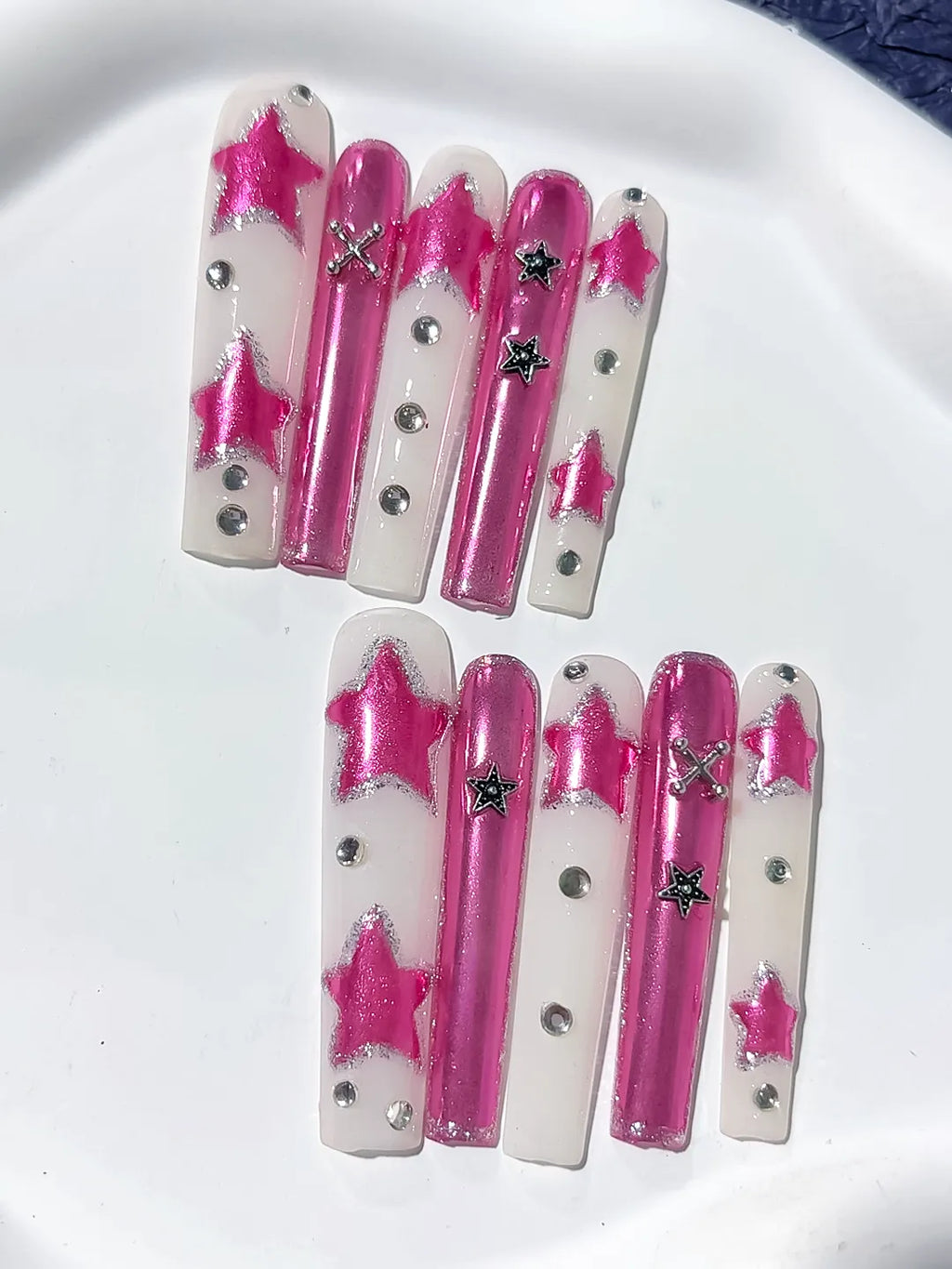 L054 - Long Pink White Square Metallic Star Rhinestone