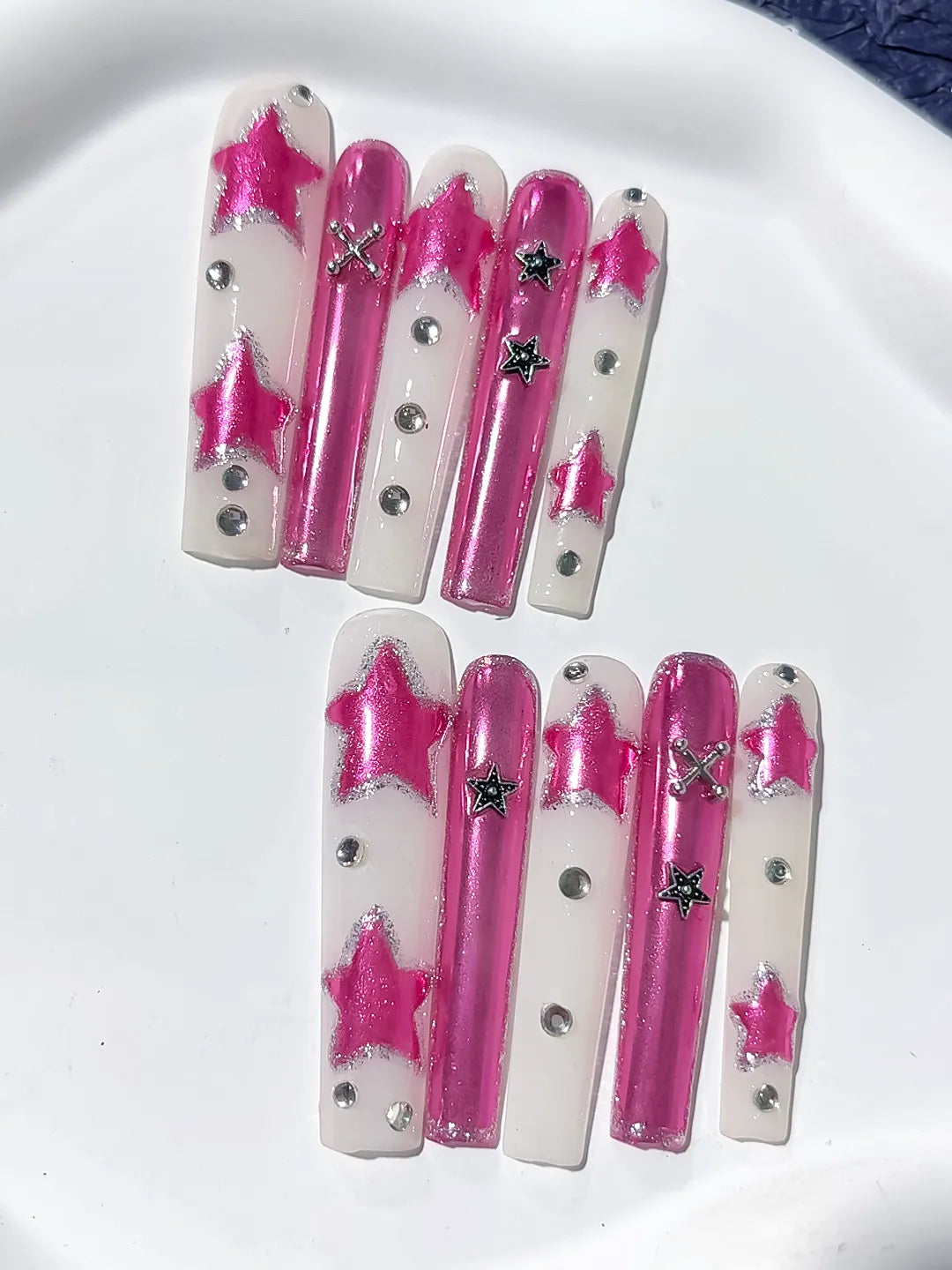 L054 - Long Pink White Square Metallic Star Rhinestone