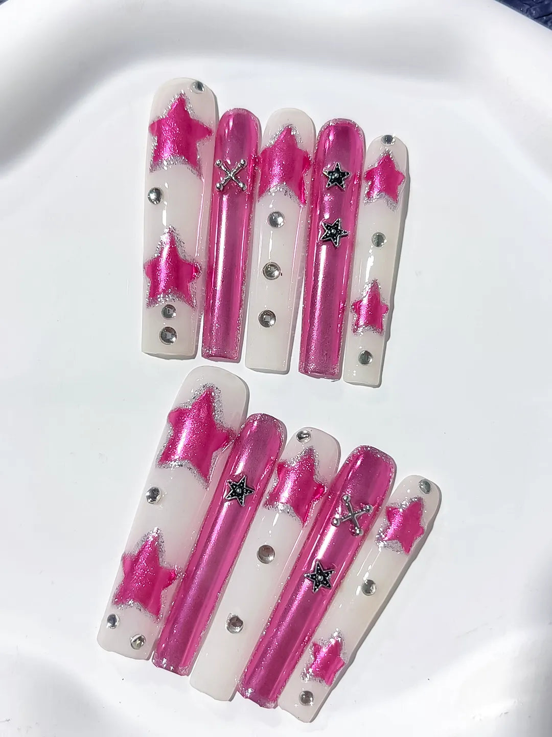 L054 - Long Pink White Square Metallic Star Rhinestone