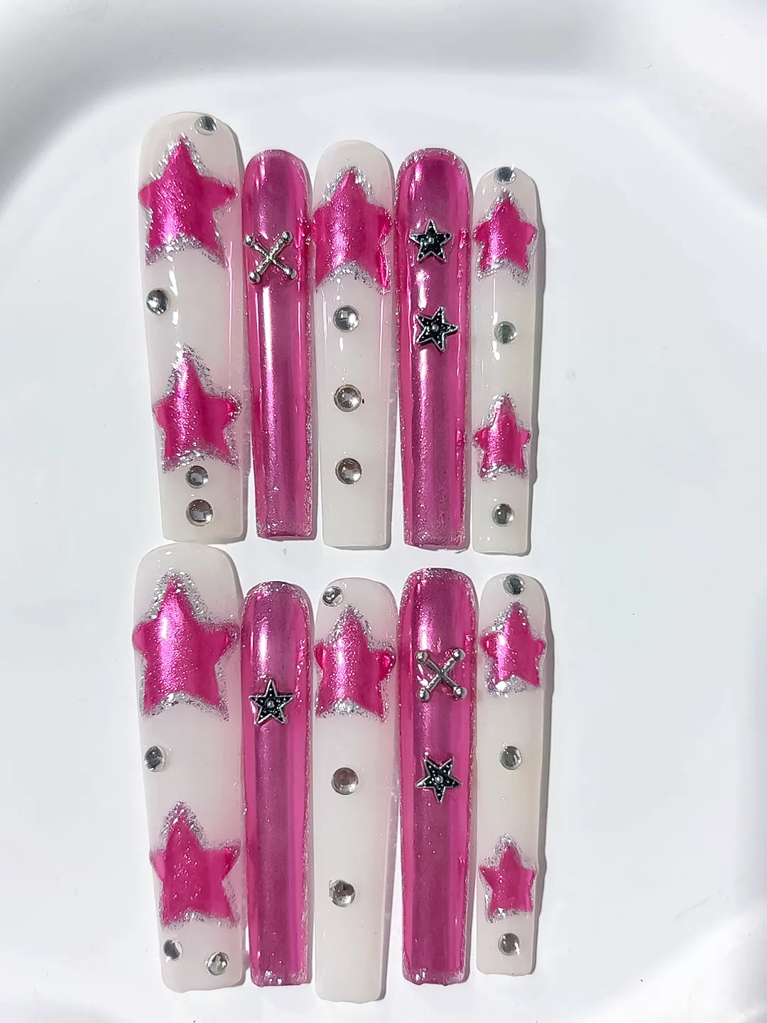 L054 - Long Pink White Square Metallic Star Rhinestone