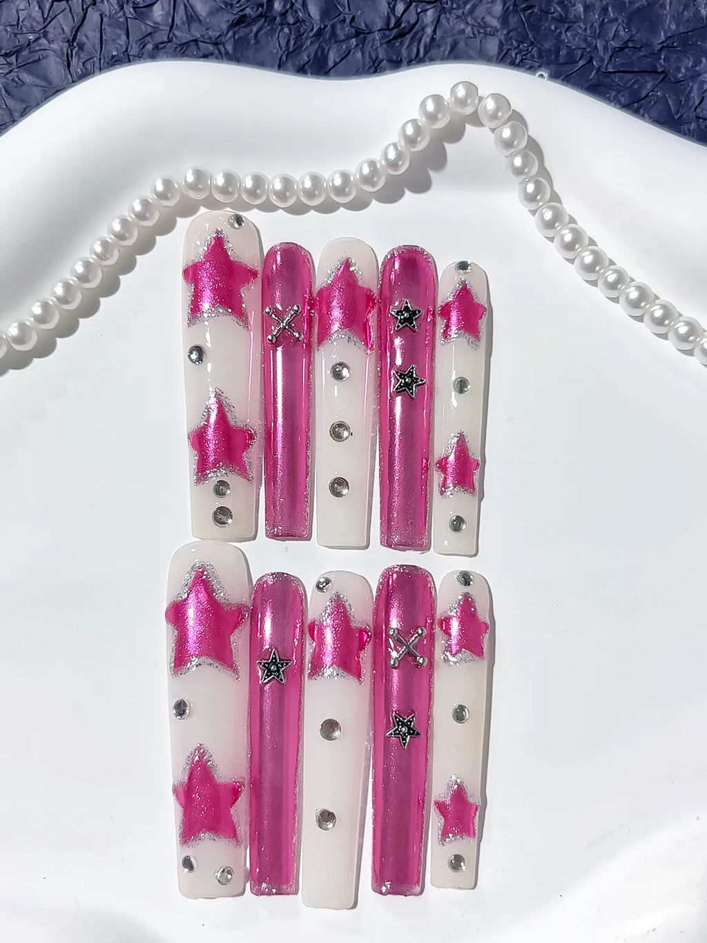 L054 - Long Pink White Square Metallic Star Rhinestone
